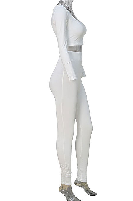 White Women Fashion Solid Color Long Sleeve Square Neck High Waist Long Pants Sets WMDZ834-1
