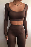 Coffee Euramerican Women's Autumn Pure Color Long Sleeve High Waist Tight Pants Sets MXXB572-5