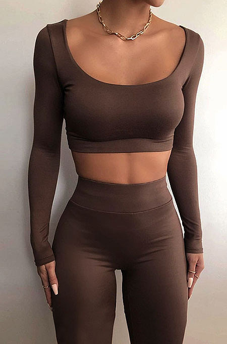 Coffee Euramerican Women's Autumn Pure Color Long Sleeve High Waist Tight Pants Sets MXXB572-5