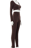 Brown Euramerican Women's Autumn Pure Color Long Sleeve High Waist Tight Pants Sets MXXB572-4