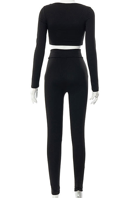 Brown Euramerican Women's Autumn Pure Color Long Sleeve High Waist Tight Pants Sets MXXB572-4
