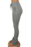 Gray Women's High Waist Pure Color Ruffle Drawsting Casual Long Pants YFF0618-1