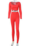 Red Women Fashion Solid Color Long Sleeve Square Neck High Waist Long Pants Sets WMDZ834-2