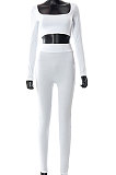 Brown Euramerican Women's Autumn Pure Color Long Sleeve High Waist Tight Pants Sets MXXB572-4
