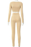 Coffee Euramerican Women's Autumn Pure Color Long Sleeve High Waist Tight Pants Sets MXXB572-5