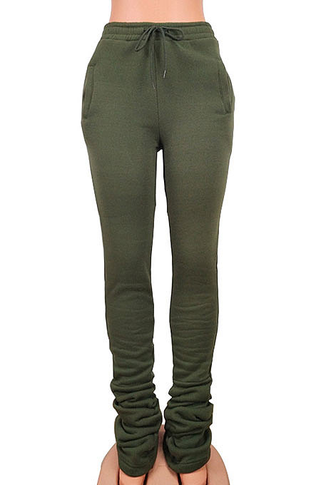 White Women's High Waist Pure Color Ruffle Drawsting Casual Long Pants YFF0618-3