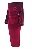 Wine Red Luxe Elegant Velvet Oblique Shoulder Collect Waist Wrap Dress SMR5309-1