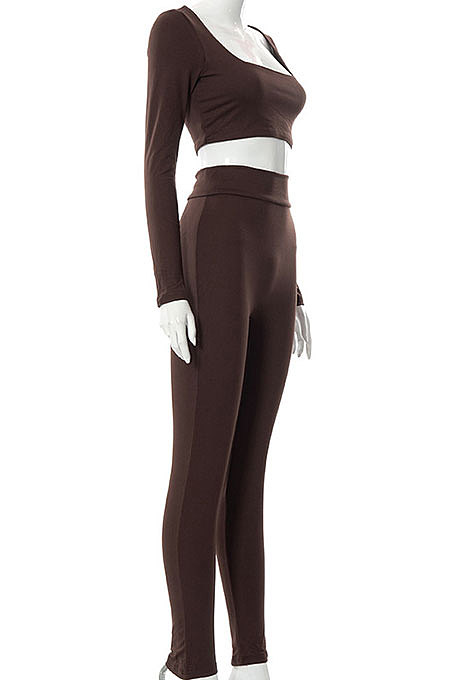 White Euramerican Women's Autumn Pure Color Long Sleeve High Waist Tight Pants Sets MXXB572-2