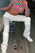 White Women's High Waist Pure Color Ruffle Drawsting Casual Long Pants YFF0618-3