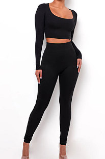 Black Women Fashion Solid Color Long Sleeve Square Neck High Waist Long Pants Sets WMDZ834-3