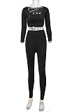 Black Women Fashion Solid Color Long Sleeve Square Neck High Waist Long Pants Sets WMDZ834-3