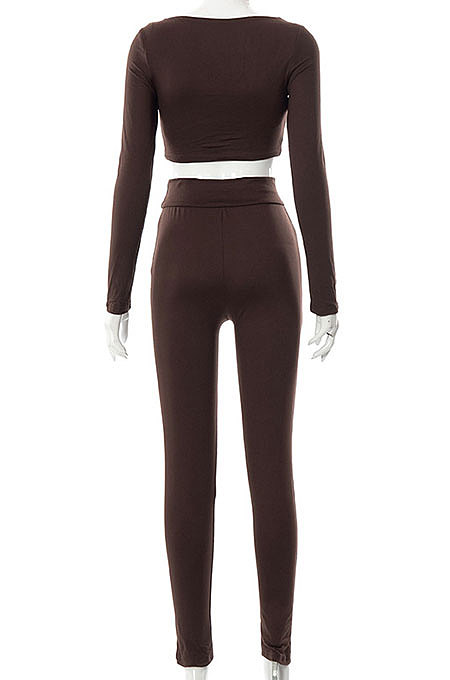 White Euramerican Women's Autumn Pure Color Long Sleeve High Waist Tight Pants Sets MXXB572-2