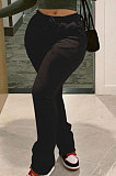 Black Women's High Waist Pure Color Ruffle Drawsting Casual Long Pants YFF0618-2