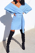 Blue New Knitting Women's Long Sleeve V Neck Bandage Hip Dress SMR5388-2