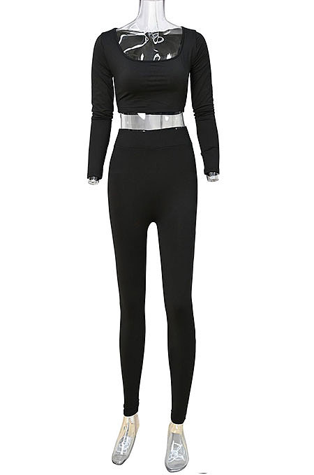 White Women Fashion Solid Color Long Sleeve Square Neck High Waist Long Pants Sets WMDZ834-1