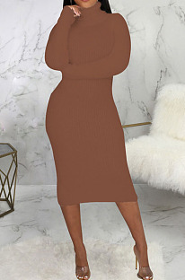 Brown Simple New High Quality Long Sleeve O Neck Slim Fitting Sweater Dress SMR5389-4