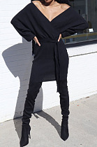 Black New Knitting Women's Long Sleeve V Neck Bandage Hip Dress SMR5388-3