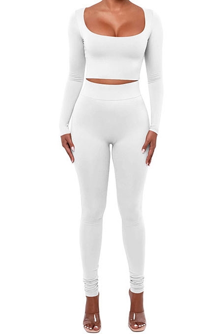 Red Women Fashion Solid Color Long Sleeve Square Neck High Waist Long Pants Sets WMDZ834-2