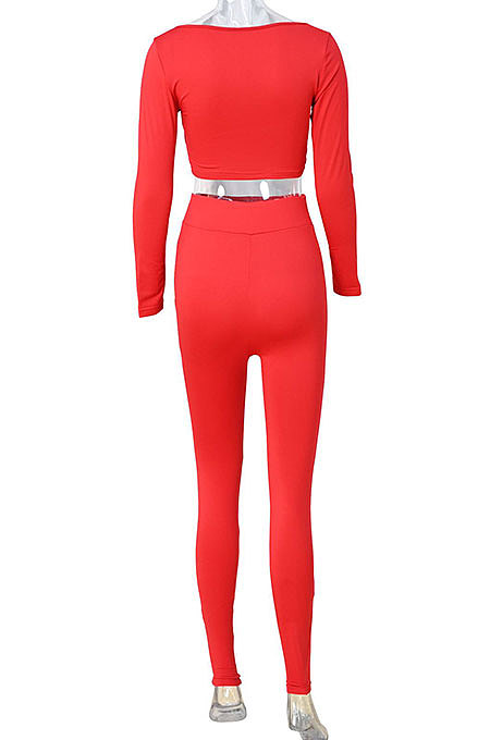 Red Women Fashion Solid Color Long Sleeve Square Neck High Waist Long Pants Sets WMDZ834-2