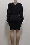 White New Knitting Women's Long Sleeve V Neck Bandage Hip Dress SMR5388-1