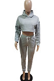 Red Autumn Winter Hoodie Solid Color Thick Dew Waist Casual Pants Sets XA8037-3