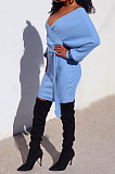 White New Knitting Women's Long Sleeve V Neck Bandage Hip Dress SMR5388-1