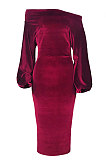 Green Luxe Elegant Velvet Oblique Shoulder Collect Waist Wrap Dress SMR5309-3