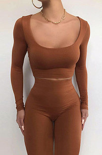 Brown Euramerican Women's Autumn Pure Color Long Sleeve High Waist Tight Pants Sets MXXB572-4