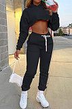 Black Autumn Winter Hoodie Solid Color Thick Dew Waist Casual Pants Sets XA8037-5