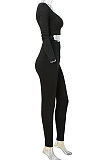 Black Women Fashion Solid Color Long Sleeve Square Neck High Waist Long Pants Sets WMDZ834-3