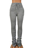 Black Women's High Waist Pure Color Ruffle Drawsting Casual Long Pants YFF0618-2
