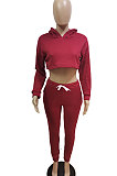 Red Autumn Winter Hoodie Solid Color Thick Dew Waist Casual Pants Sets XA8037-3