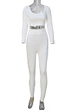 White Women Fashion Solid Color Long Sleeve Square Neck High Waist Long Pants Sets WMDZ834-1