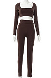 White Euramerican Women's Autumn Pure Color Long Sleeve High Waist Tight Pants Sets MXXB572-2