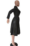 Fashion Luxe Long Sleeve V Neck With Waistband Faux Leather Coat SMD2040