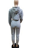 Gray Autumn Winter Hoodie Solid Color Thick Dew Waist Casual Pants Sets XA8037-4
