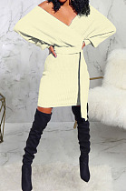 White New Knitting Women's Long Sleeve V Neck Bandage Hip Dress SMR5388-1
