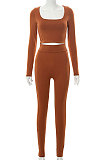 Apricot Euramerican Women's Autumn Pure Color Long Sleeve High Waist Tight Pants Sets MXXB572-3