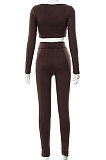 Brown Euramerican Women's Autumn Pure Color Long Sleeve High Waist Tight Pants Sets MXXB572-4