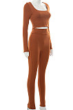 Brown Euramerican Women's Autumn Pure Color Long Sleeve High Waist Tight Pants Sets MXXB572-4