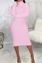 Pink Simple New High Quality Long Sleeve O Neck Slim Fitting Sweater Dress SMR5389-1