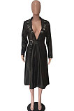 Fashion Luxe Long Sleeve V Neck With Waistband Faux Leather Coat SMD2040