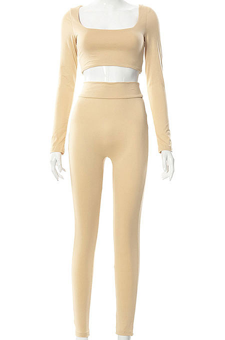 Apricot Euramerican Women's Autumn Pure Color Long Sleeve High Waist Tight Pants Sets MXXB572-3