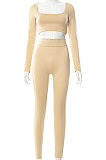 Coffee Euramerican Women's Autumn Pure Color Long Sleeve High Waist Tight Pants Sets MXXB572-5