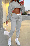 Gray Autumn Winter Hoodie Solid Color Thick Dew Waist Casual Pants Sets XA8037-4