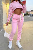 Pink Autumn Winter Hoodie Solid Color Thick Dew Waist Casual Pants Sets XA8037-1