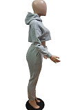 Gray Autumn Winter Hoodie Solid Color Thick Dew Waist Casual Pants Sets XA8037-4