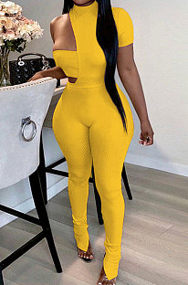 Yellow Autumn Solid Color Left Side Short Sleeve Right Side Dew Waist Sleeveless Irregular Strapless Jumpsuits Sets HMA2084-3