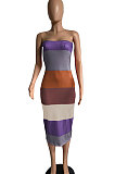 Blue Wuramerican Women's Fashion Casual Color Matching Ribber Strapless Midi Dress AYL2027-3