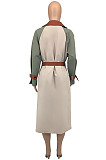 Khaki Casual Autumn Winter Spliced Colors Fashion Coat With Belt GLS10057-1